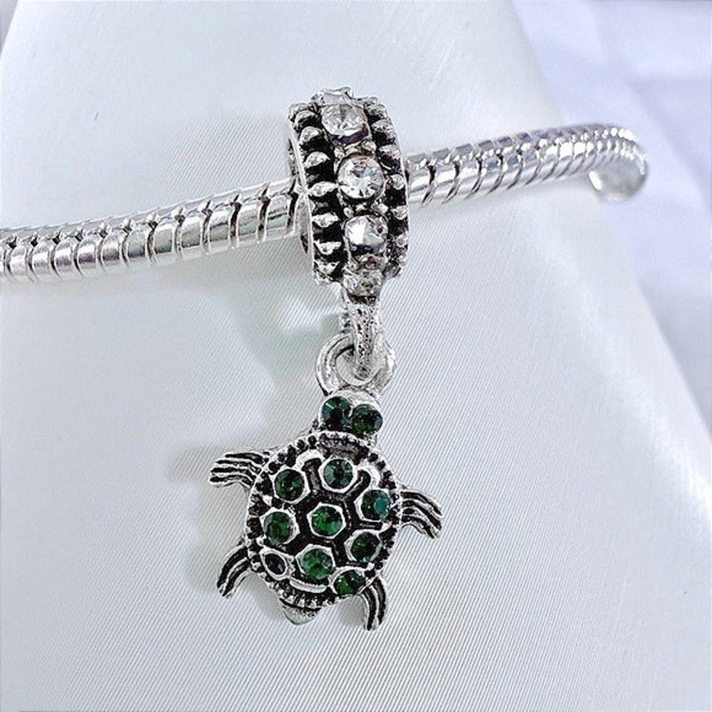 Silver & Emerald Green Dangle Turtle  Charm Fits Snake‎ Chain Bracelets